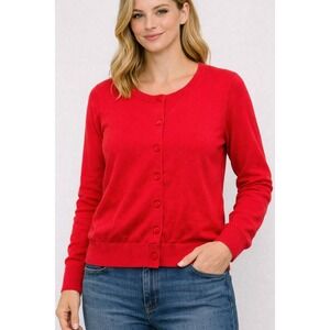 Talbots Petites Red Pima Cotton Blend Cardigan Sweater Dragonfly Embroidered Med